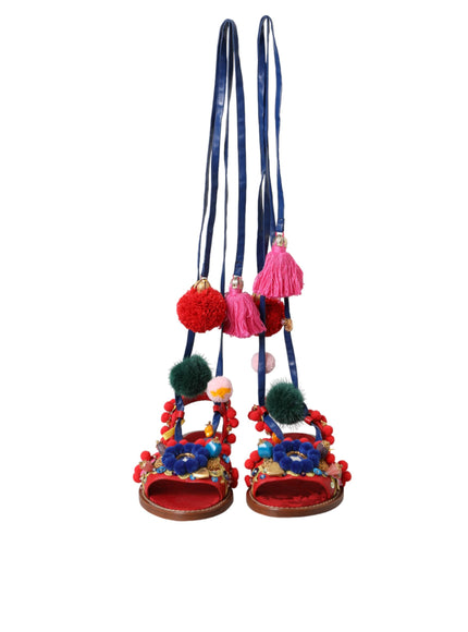 Dolce & Gabbana Multicolor Pom Pom Fur Wrap Sandals Shoes