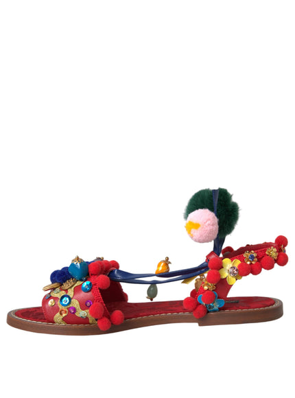 Dolce & Gabbana Multicolor Pom Pom Fur Wrap Sandals Shoes