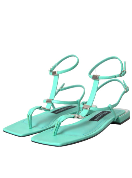 Dolce & Gabbana Aqua Green Leather Ankle Strap Flats Sandals Shoes