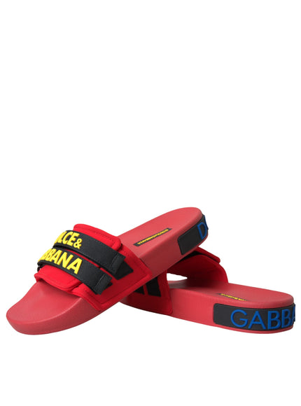 Dolce & Gabbana Red Black Logo Beachwear Flats Sandals Shoes