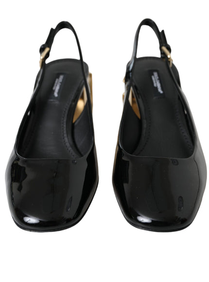 Dolce & Gabbana Black Gold Leather Embellished Slingbacks Shoes