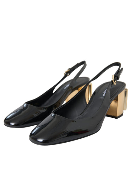 Dolce & Gabbana Black Gold Leather Embellished Slingbacks Shoes