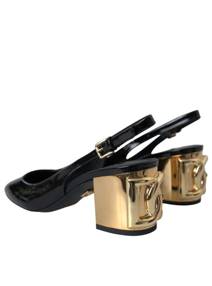 Dolce & Gabbana Black Gold Leather Embellished Slingbacks Shoes