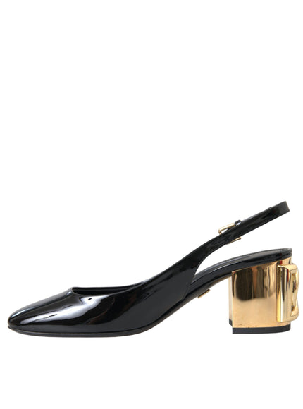 Dolce & Gabbana Black Gold Leather Embellished Slingbacks Shoes