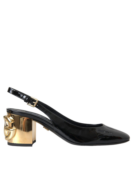 Dolce & Gabbana Black Gold Leather Embellished Slingbacks Shoes