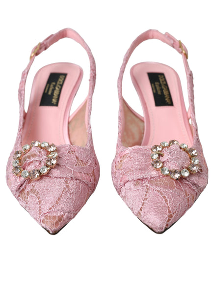 Dolce & Gabbana Pink Taormina Lace Crystal Heel Slingbacks Shoes