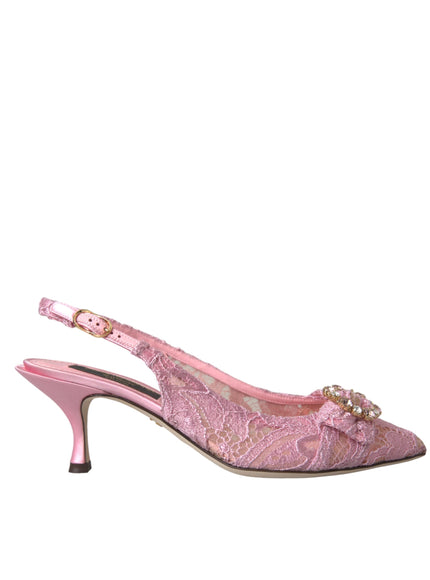 Dolce & Gabbana Pink Taormina Lace Crystal Heel Slingbacks Shoes