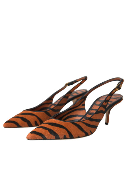 Dolce & Gabbana Black Orange Zebra Leather Slingbacks Shoes