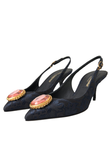 Dolce & Gabbana Blue Jacquard Crystal Slingback Heel Shoes