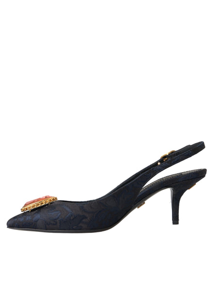 Dolce & Gabbana Blue Jacquard Crystal Slingback Heel Shoes