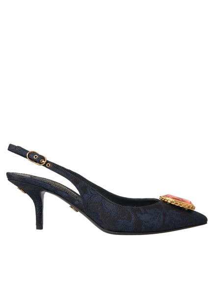 Dolce & Gabbana Blue Jacquard Crystal Slingback Heel Shoes