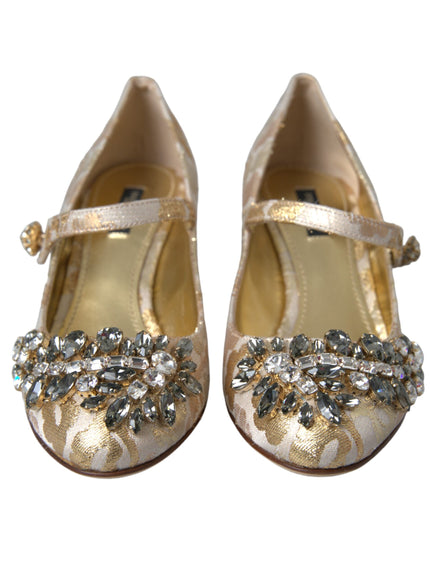 Dolce & Gabbana Gold Jacquard Crystal Mary Janes Pumps Shoes