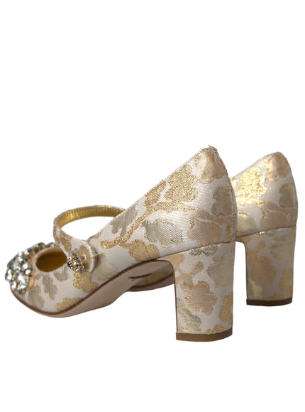 Dolce & Gabbana Gold Jacquard Crystal Mary Janes Pumps Shoes