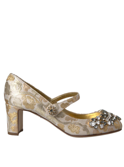 Dolce & Gabbana Gold Jacquard Crystal Mary Janes Pumps Shoes