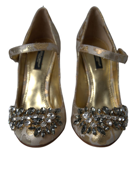 Dolce & Gabbana Gold Jacquard Crystal Mary Janes Pumps Shoes