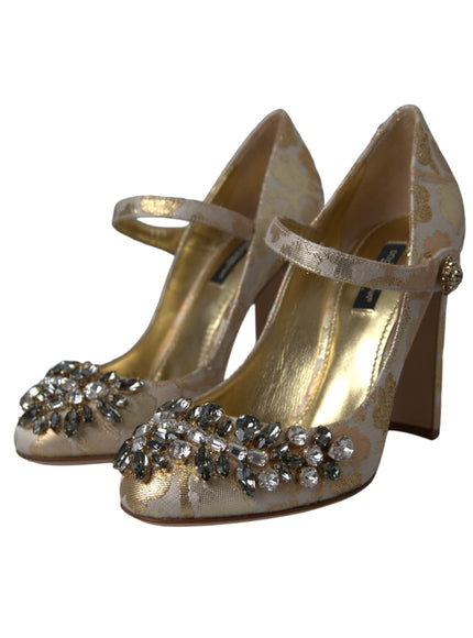 Dolce & Gabbana Gold Jacquard Crystal Mary Janes Pumps Shoes