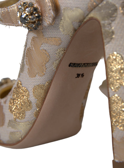 Dolce & Gabbana Gold Jacquard Crystal Mary Janes Pumps Shoes