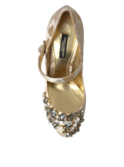 Dolce & Gabbana Gold Jacquard Crystal Mary Janes Pumps Shoes