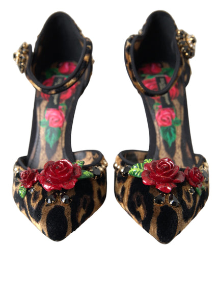 Dolce & Gabbana Brown Leopard Floral Crystal Mary Janes Pumps Shoes