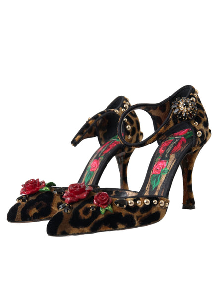 Dolce & Gabbana Brown Leopard Floral Crystal Mary Janes Pumps Shoes