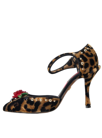 Dolce & Gabbana Brown Leopard Floral Crystal Mary Janes Pumps Shoes