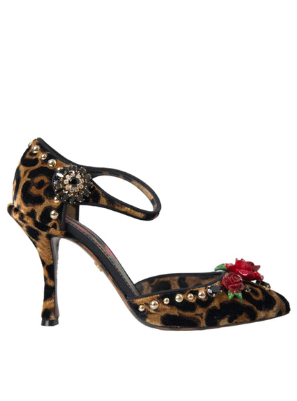 Dolce & Gabbana Brown Leopard Floral Crystal Mary Janes Pumps Shoes