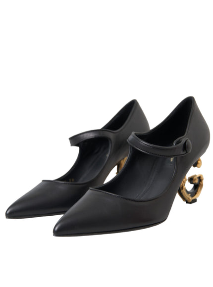 Dolce & Gabbana Black Leather Logo Heels Mary Janes Pumps Shoes