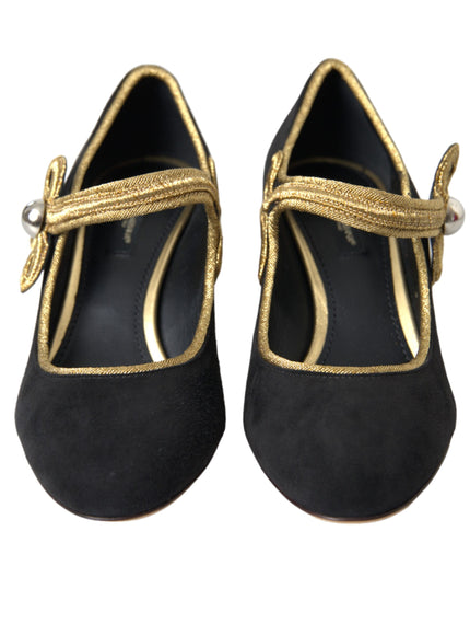 Dolce & Gabbana Black Suede Gold Mary Janes Heels Pumps Shoes