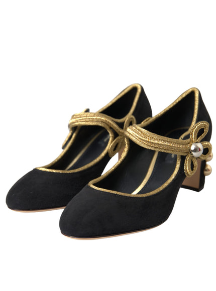 Dolce & Gabbana Black Suede Gold Mary Janes Heels Pumps Shoes