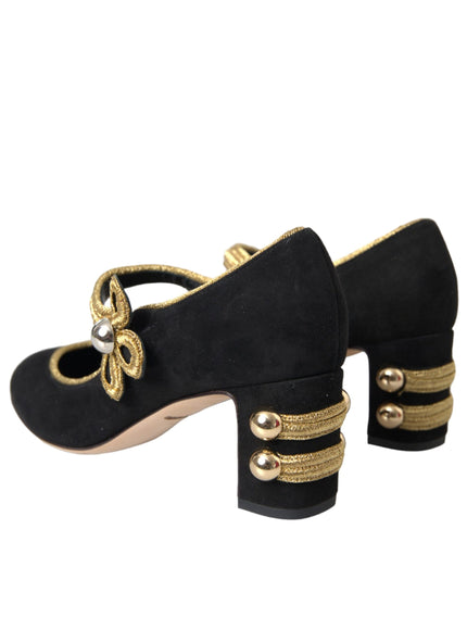 Dolce & Gabbana Black Suede Gold Mary Janes Heels Pumps Shoes