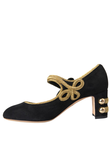 Dolce & Gabbana Black Suede Gold Mary Janes Heels Pumps Shoes