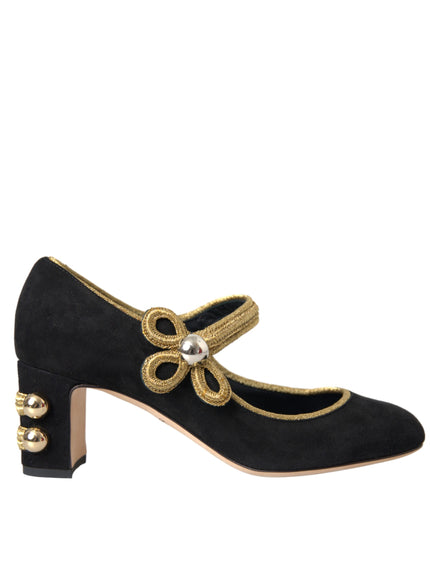 Dolce & Gabbana Black Suede Gold Mary Janes Heels Pumps Shoes