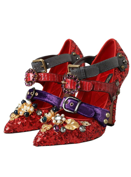 Dolce & Gabbana Red Sequined Crystal Mary Janes Pumps Shoes