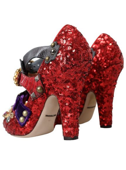 Dolce & Gabbana Red Sequined Crystal Mary Janes Pumps Shoes