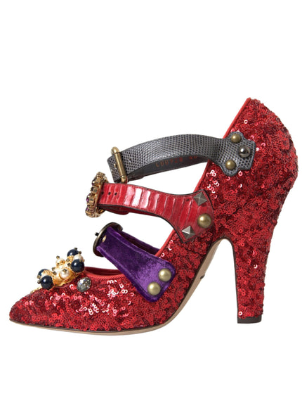 Dolce & Gabbana Red Sequined Crystal Mary Janes Pumps Shoes