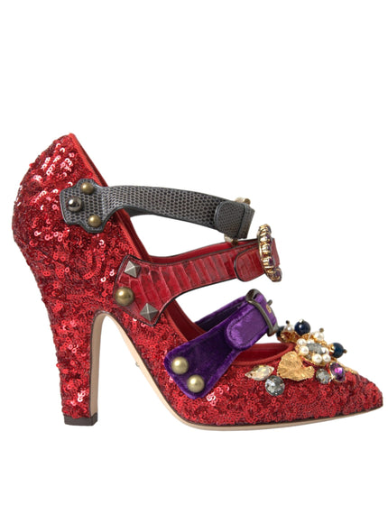 Dolce & Gabbana Red Sequined Crystal Mary Janes Pumps Shoes