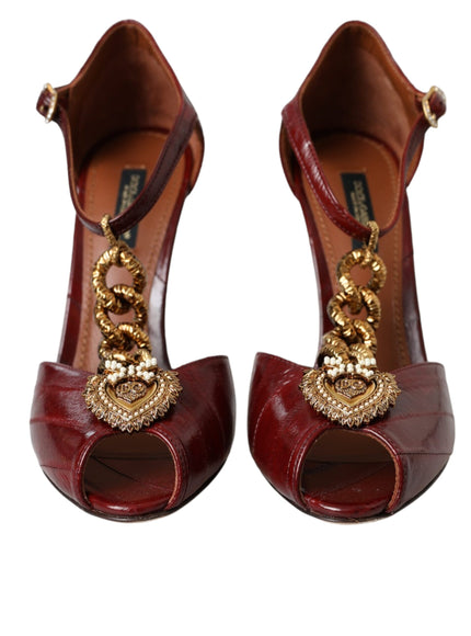 Dolce & Gabbana Dark Red Leather Gold Devotion Heart Sandals Shoes