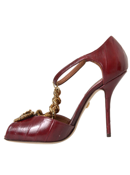 Dolce & Gabbana Dark Red Leather Gold Devotion Heart Sandals Shoes