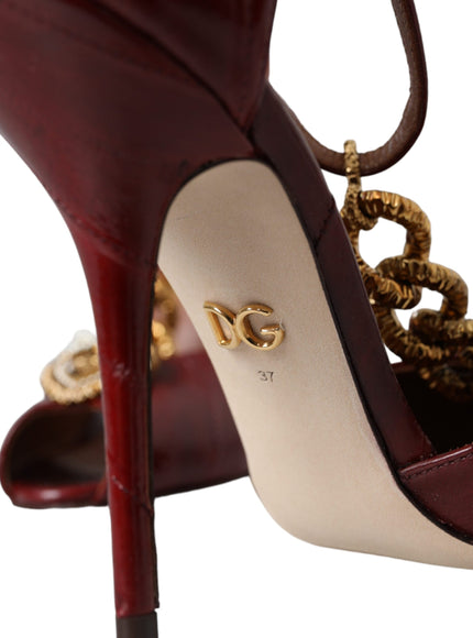 Dolce & Gabbana Dark Red Leather Gold Devotion Heart Sandals Shoes