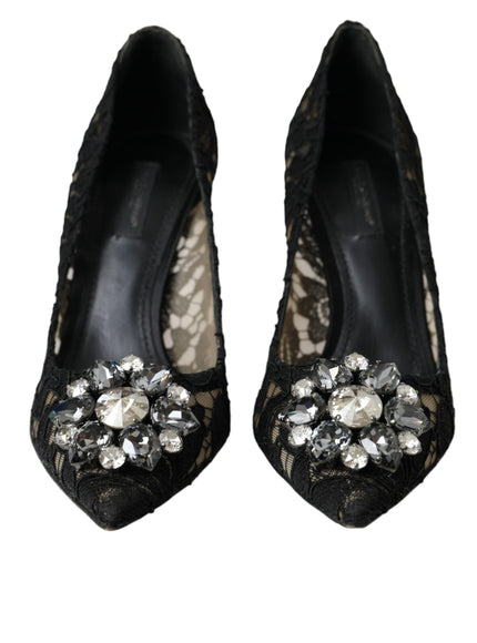 Dolce & Gabbana Black Taormina Lace Crystal Heel Pumps Shoes