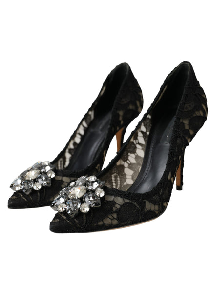 Dolce & Gabbana Black Taormina Lace Crystal Heel Pumps Shoes