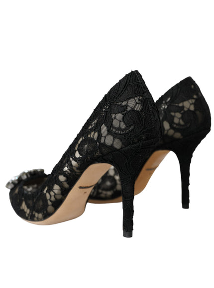 Dolce & Gabbana Black Taormina Lace Crystal Heel Pumps Shoes