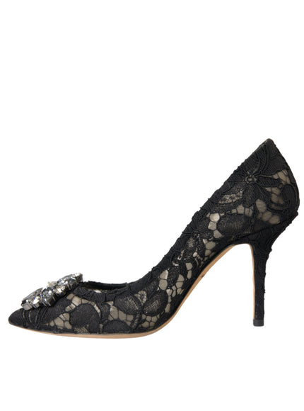 Dolce & Gabbana Black Taormina Lace Crystal Heel Pumps Shoes