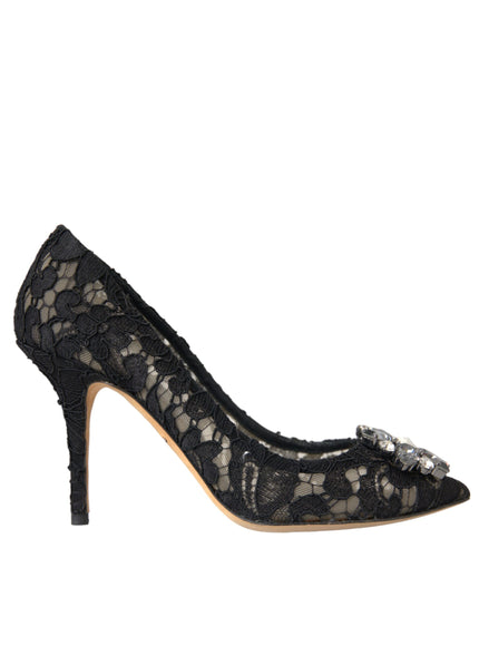 Dolce & Gabbana Black Taormina Lace Crystal Heel Pumps Shoes