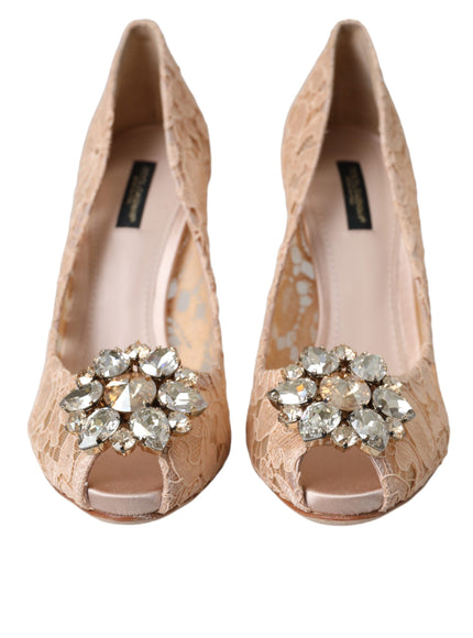 Dolce & Gabbana Beige Taormina Lace Crystal Heels Pumps Shoes