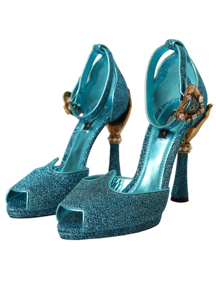 Dolce & Gabbana Blue Lurex Bejeweled Hand Heels Sandals Shoes