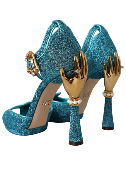 Dolce & Gabbana Blue Lurex Bejeweled Hand Heels Sandals Shoes