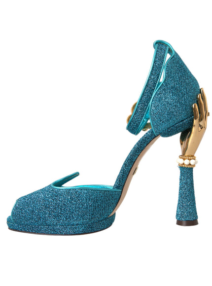 Dolce & Gabbana Blue Lurex Bejeweled Hand Heels Sandals Shoes