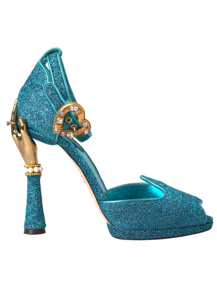 Dolce & Gabbana Blue Lurex Bejeweled Hand Heels Sandals Shoes