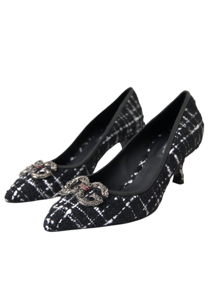 Dolce & Gabbana Black White Tweed DG Amore Heels Pumps Shoes